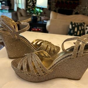 Sugar brand, platform, wedge, gold, glitter strap, sandal